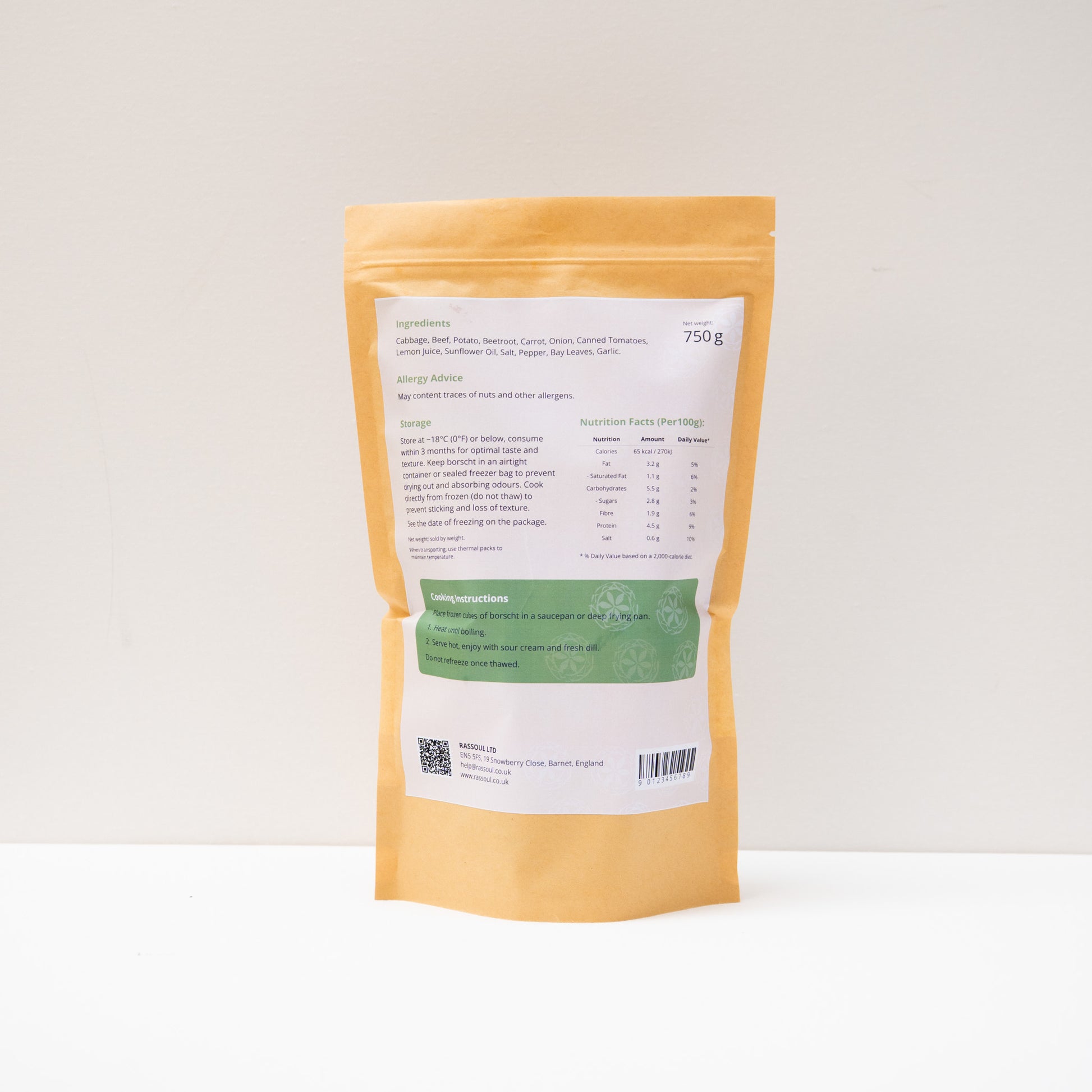 Back of Rassoul Borscht 750g packaging with storage instructions, nutrition label, and heating directions.