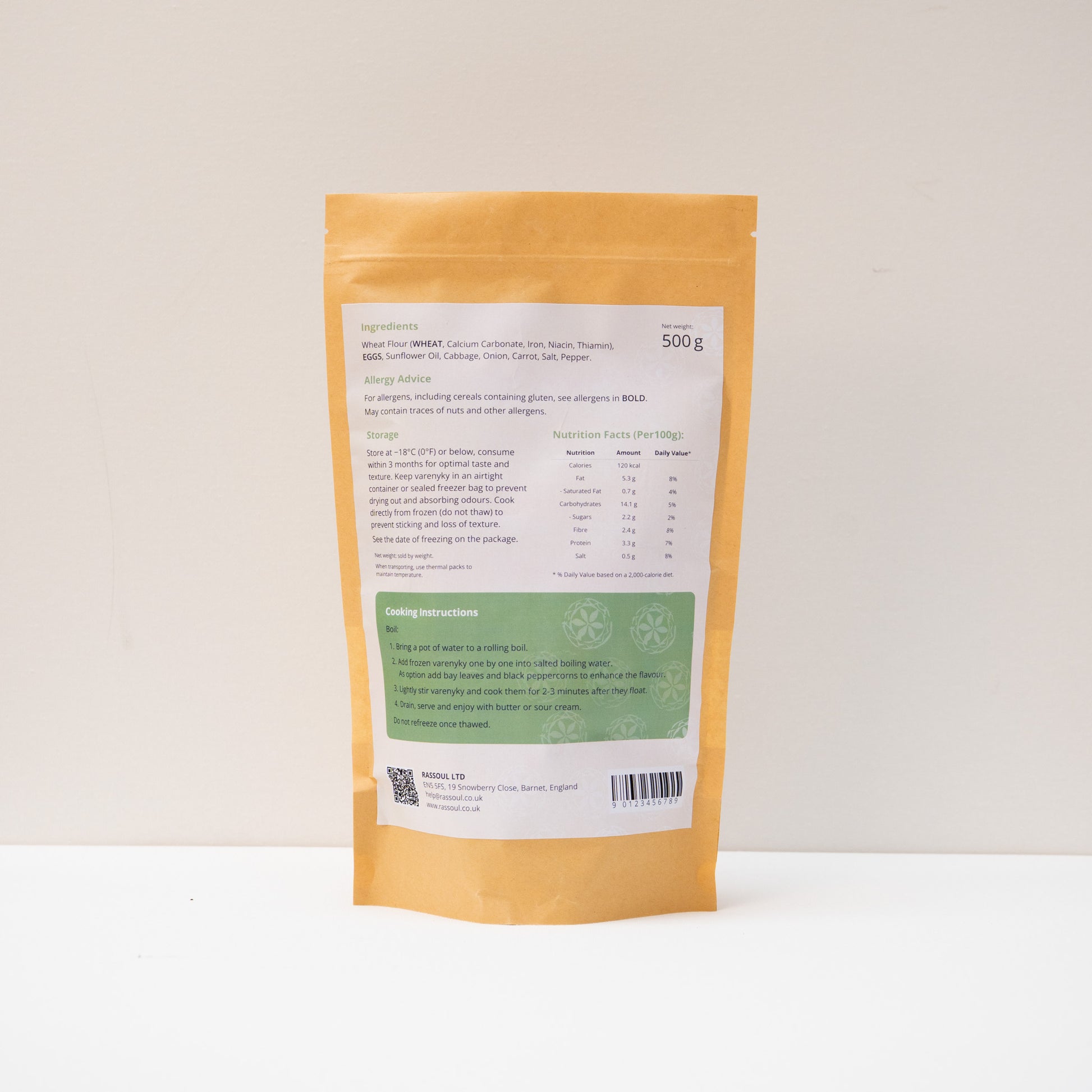 Back of Rassoul Cabbage Varenyky 500g packaging showing ingredients, nutrition facts, and cooking instructions.