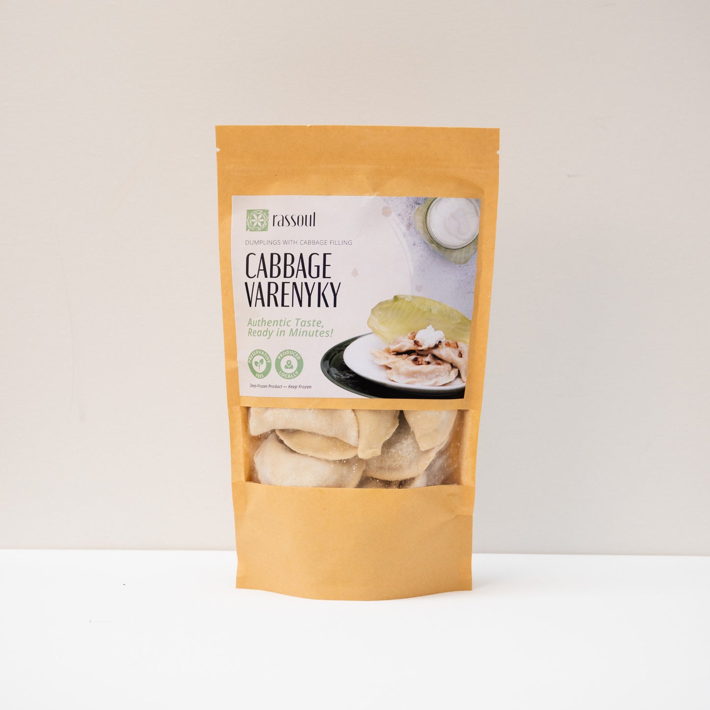 Front of Rassoul Cabbage Varenyky 500g packaging – frozen Eastern European dumplings filled with cabbage.