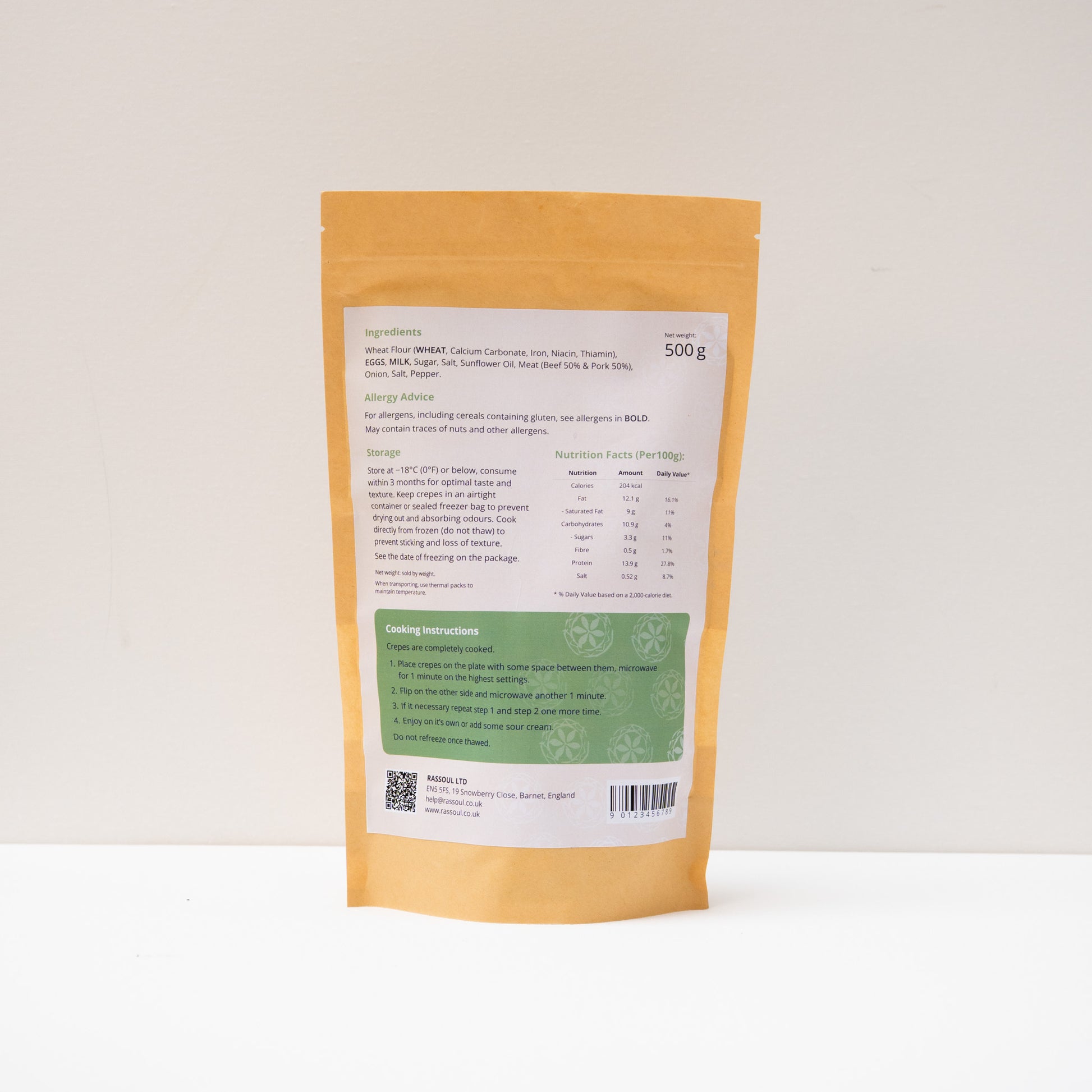Back of Rassoul Crepes with Beef & Pork 500g packaging displaying nutritional label and heating instructions.