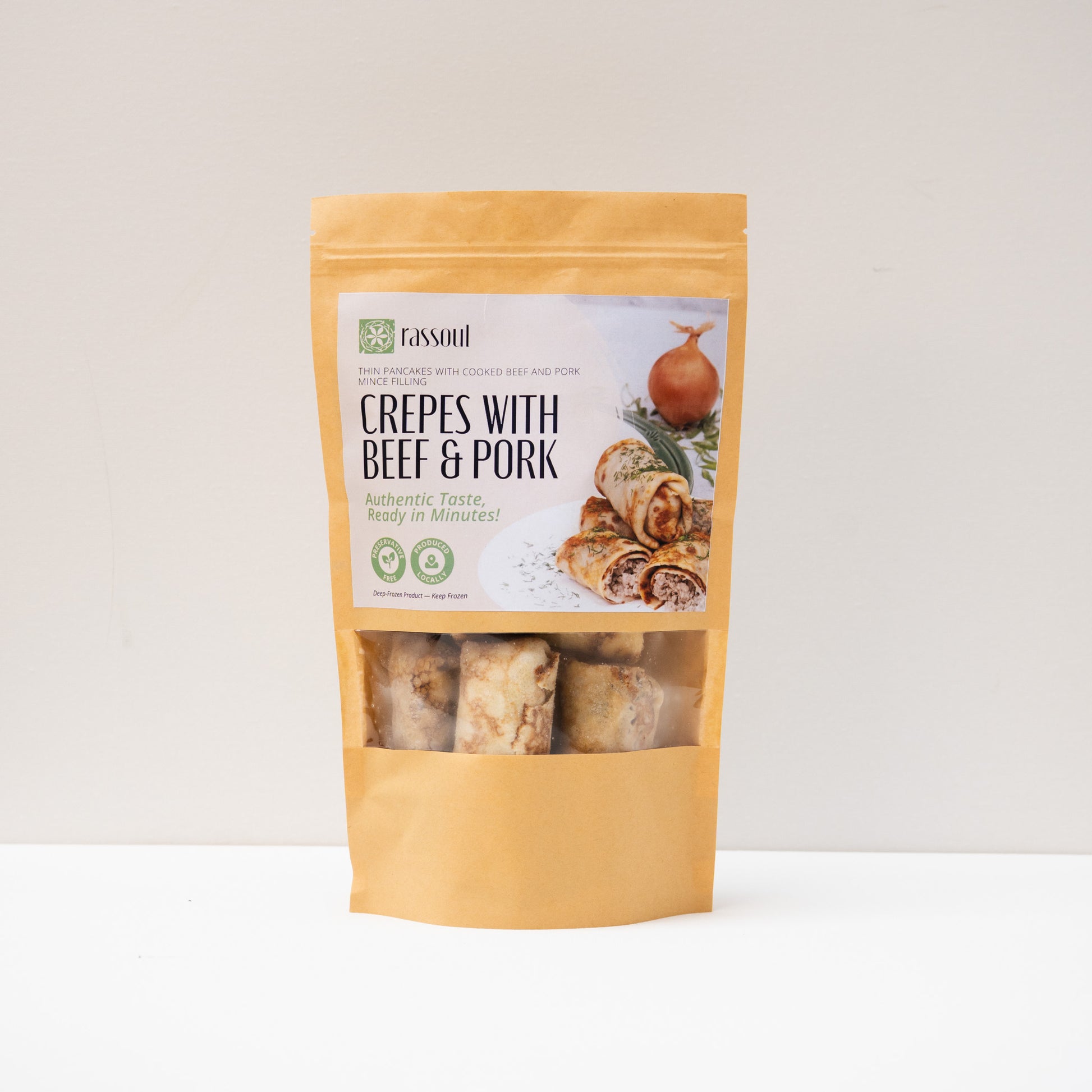 Front of Rassoul Crepes with Beef & Pork 500g packaging – frozen Eastern European crepes filled with meat.
