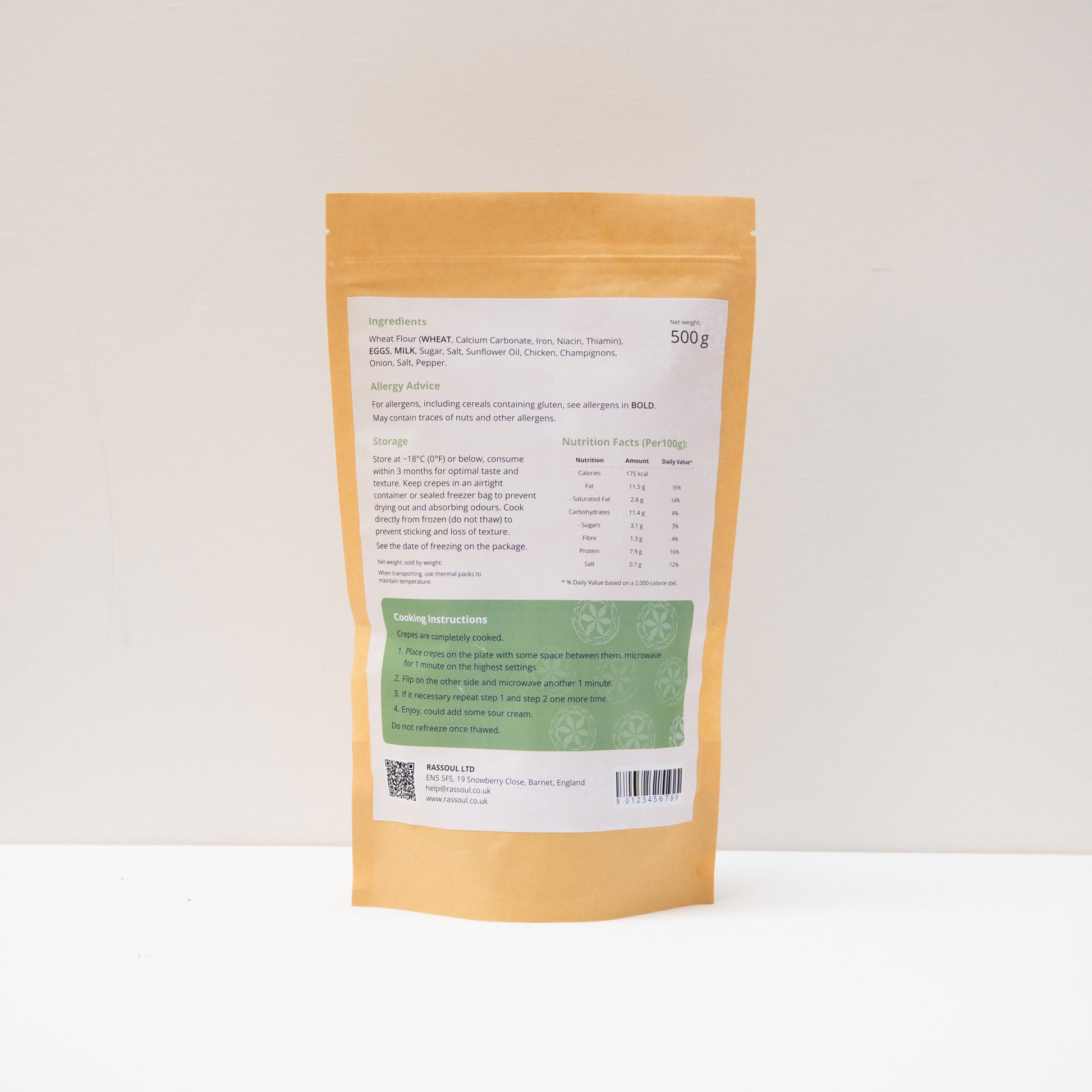 Back of Rassoul Crepes with Chicken & Mushroom 500g packaging with product details, ingredients, and preparation instructions.