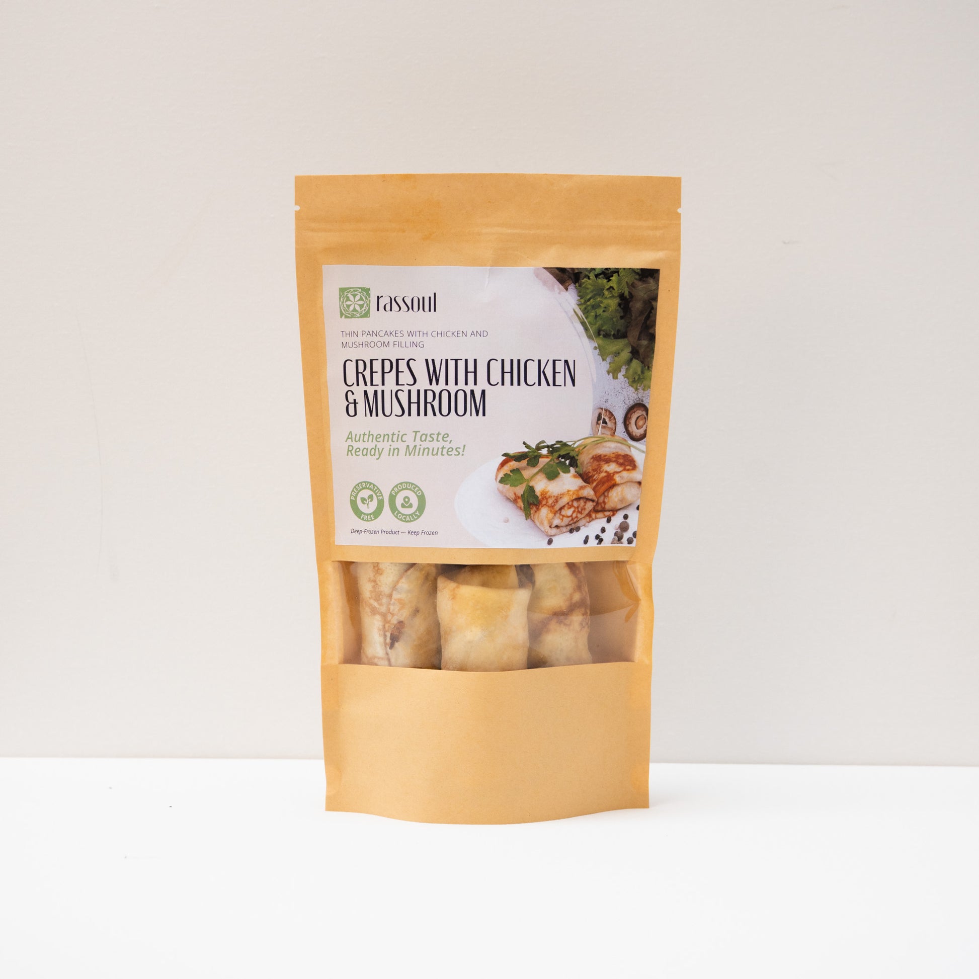 Front of Rassoul Crepes with Chicken & Mushroom 500g packaging – frozen Eastern European stuffed crepes with savory filling.