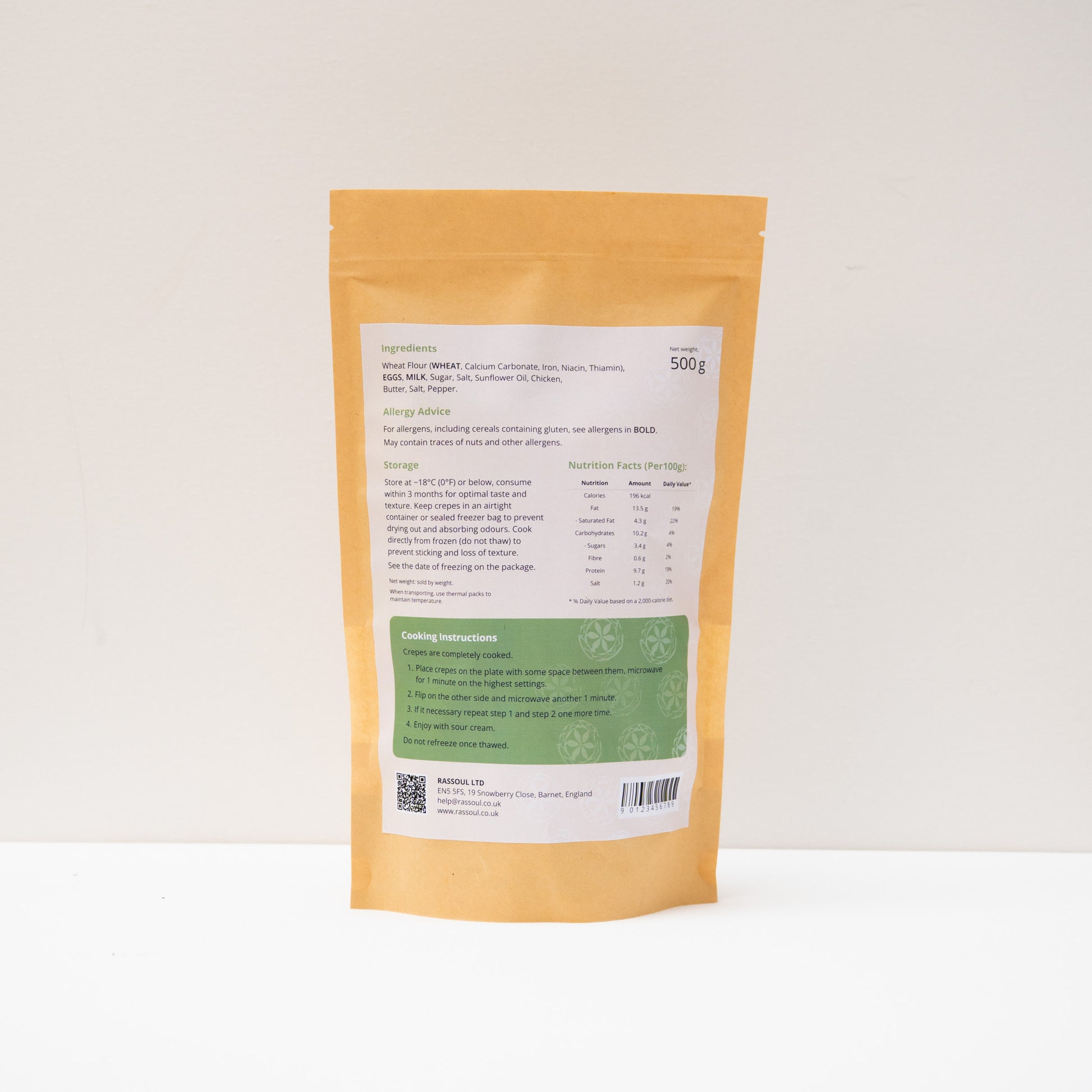 Back of Rassoul Crepes with Chicken 500g packaging showing ingredients, nutritional facts, and cooking instructions.