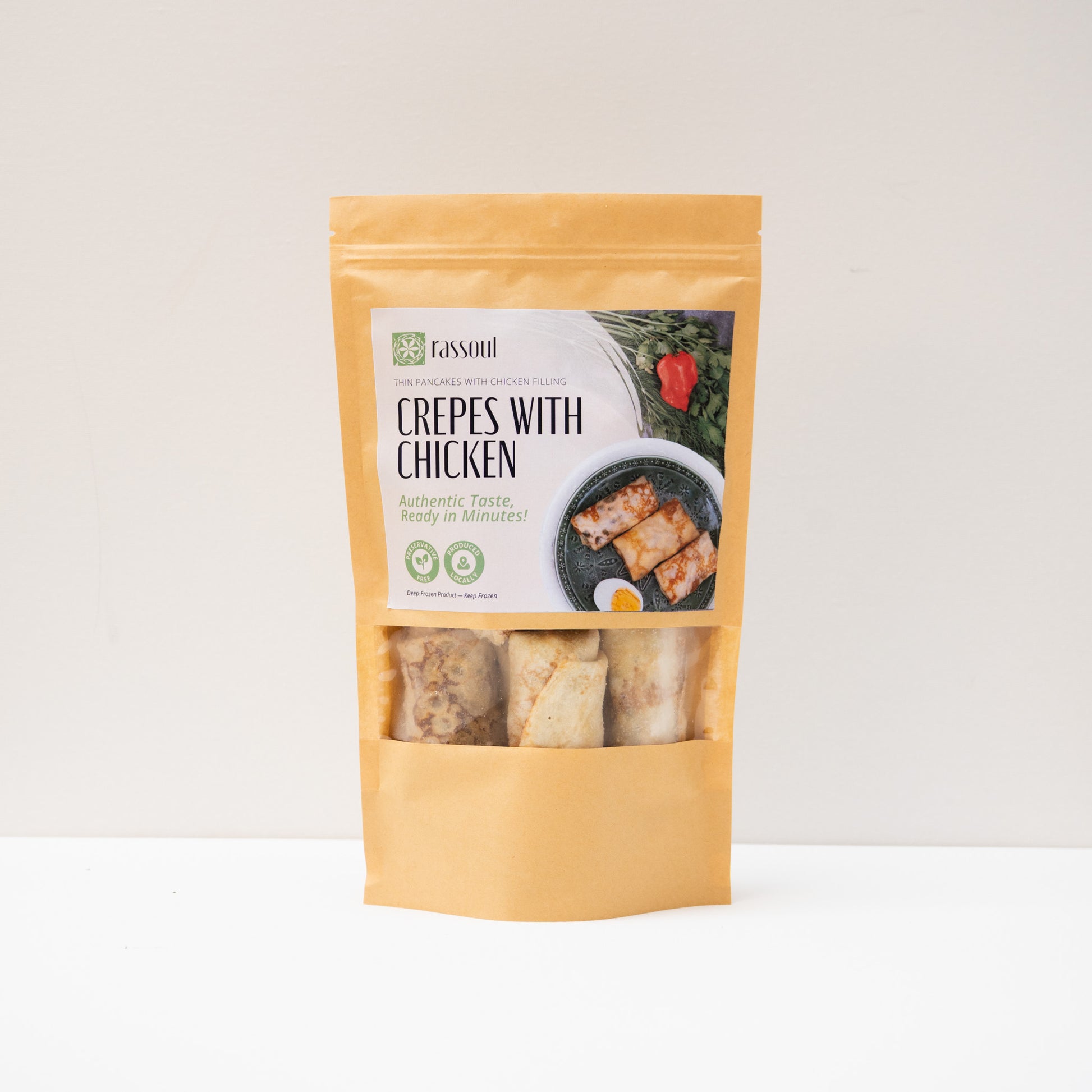 Front of Rassoul Crepes with Chicken 500g packaging – frozen Eastern European savory crepes filled with chicken.