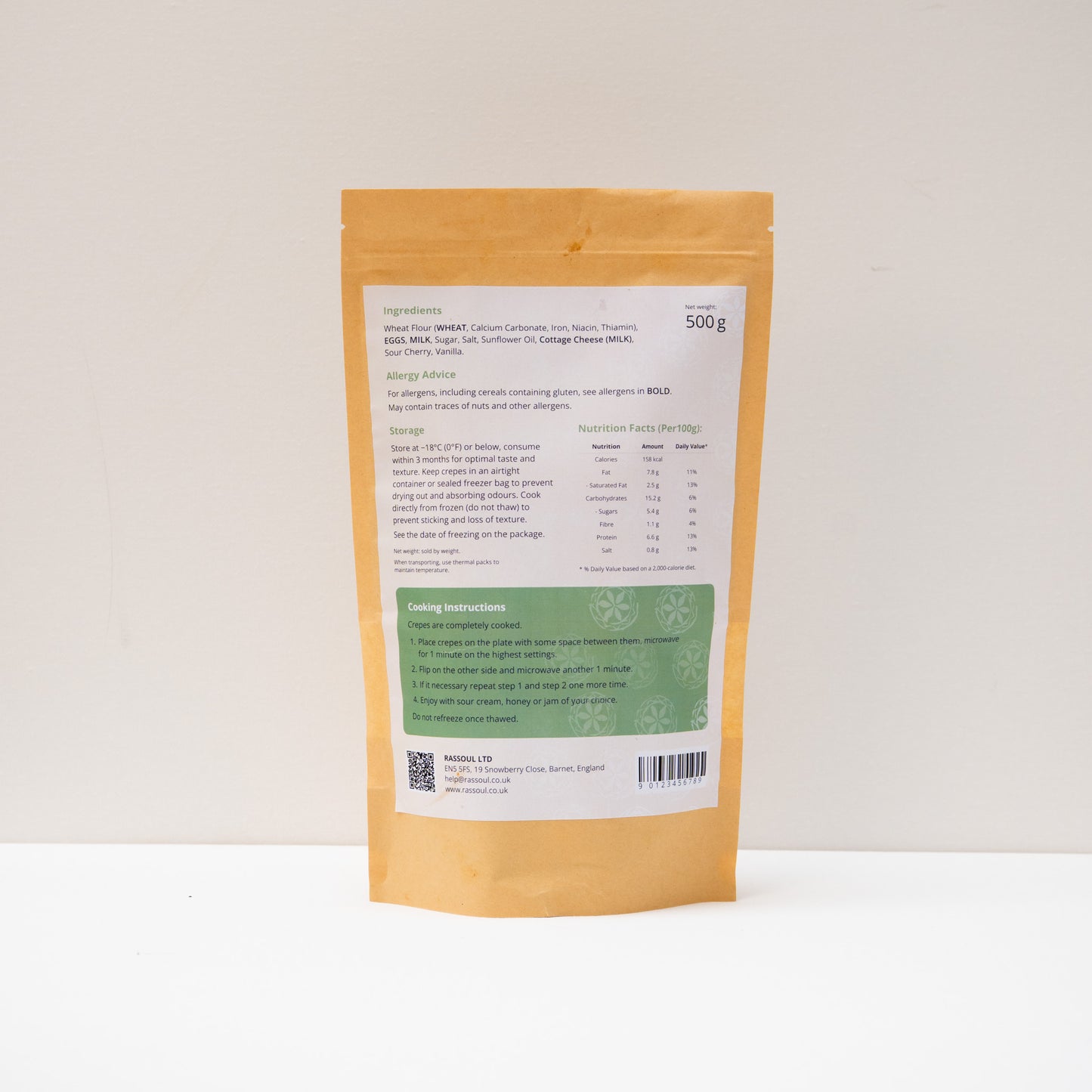 Back of Rassoul Crepes with Twarog & Cherry 500g packaging showing nutritional information and heating instructions.