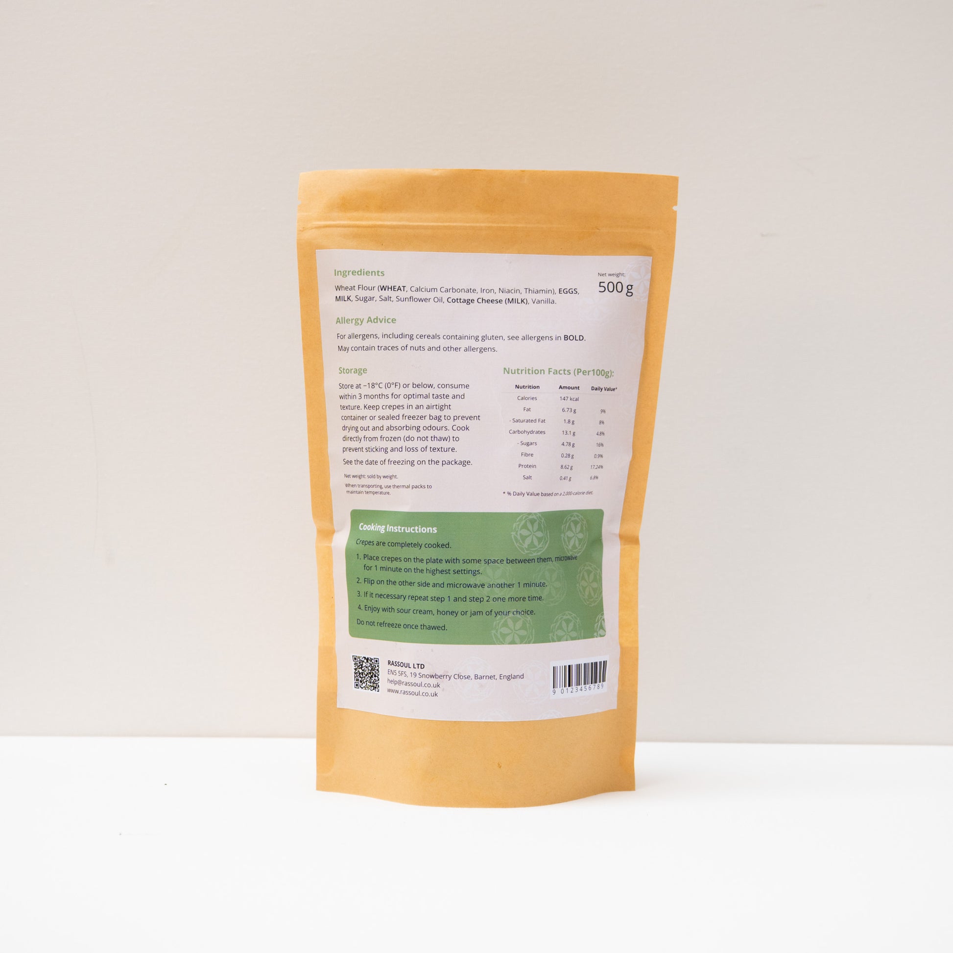 Back of Rassoul Crepes with Twarog 500g packaging with ingredients, nutrition facts, and preparation details.