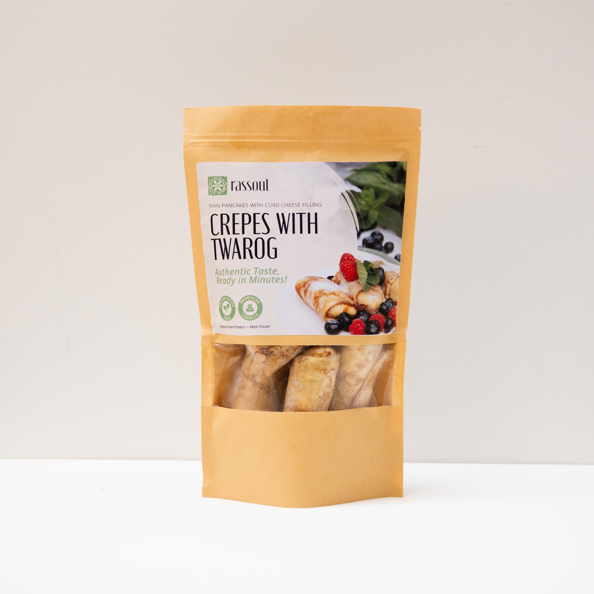 Front of Rassoul Crepes with Twarog 500g packaging – frozen Eastern European sweet crepes filled with farmer’s cheese.