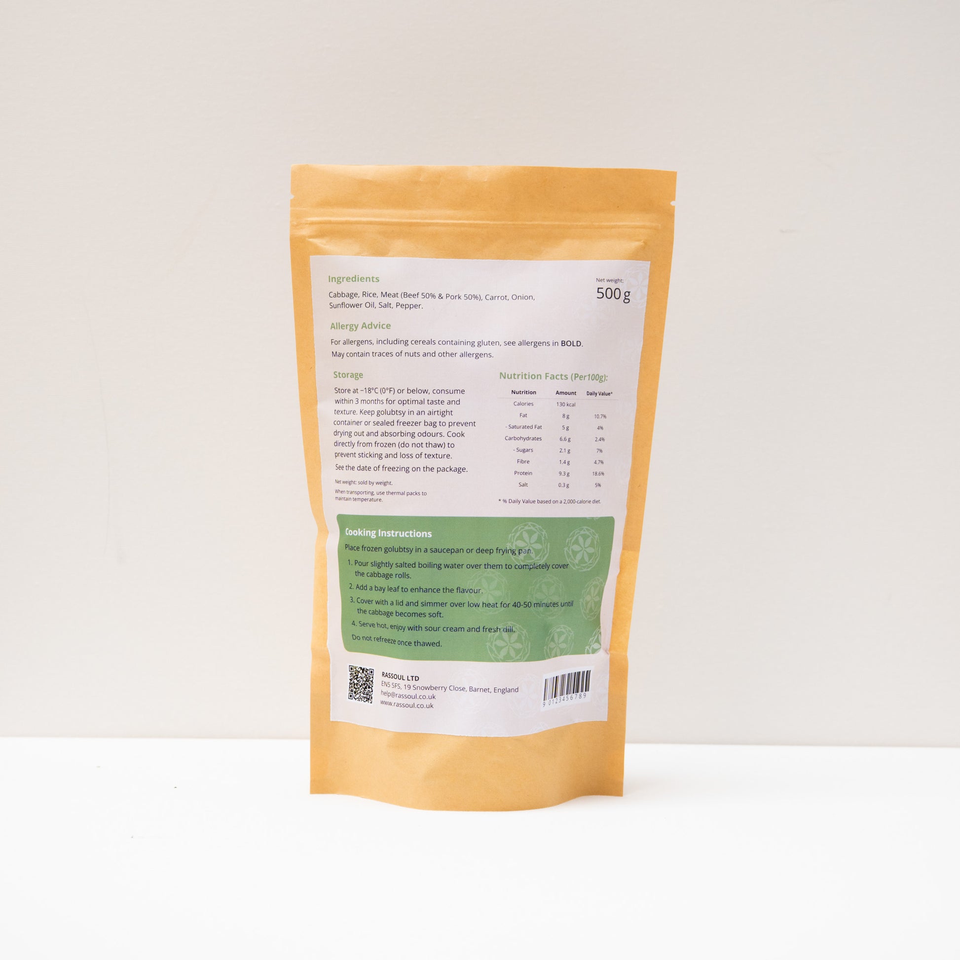 Back of Rassoul Golubtsy with Beef & Pork 500g packaging including product information and preparation steps.