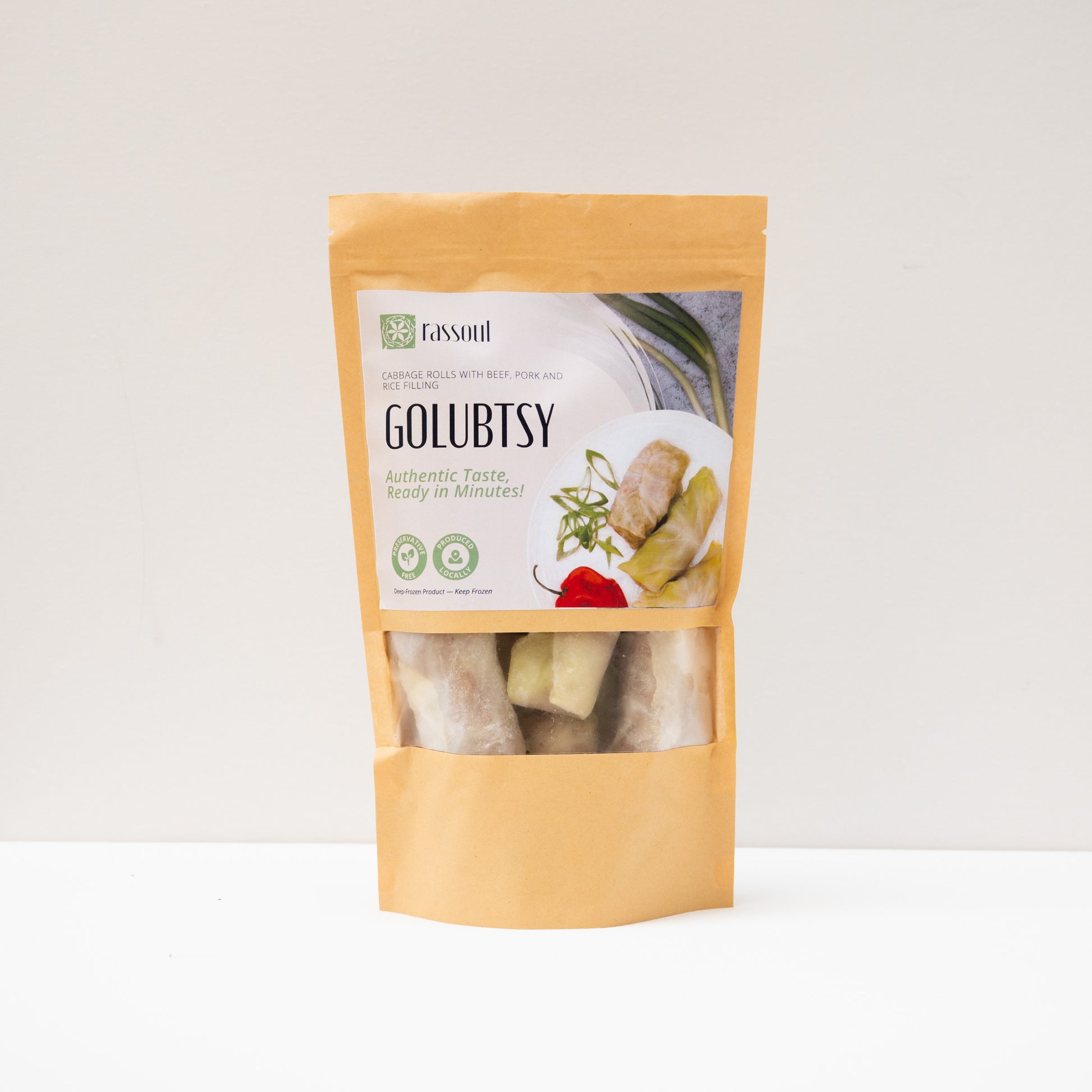 Front of Rassoul Golubtsy with Beef & Pork 500g packaging – frozen Eastern European cabbage rolls stuffed with meat and rice.