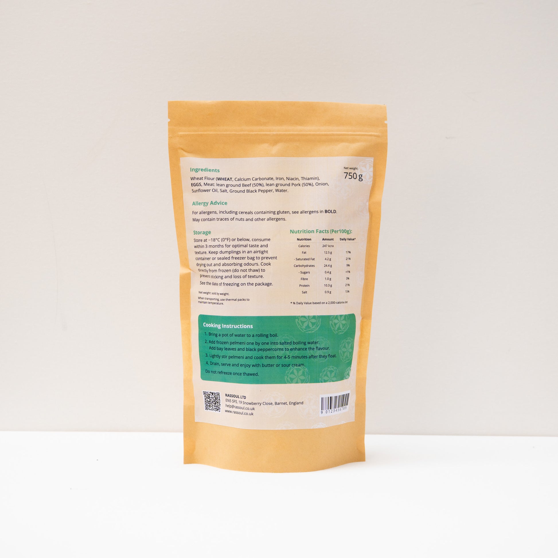 Back of Rassoul Pelmeni with Beef & Pork 750g packaging showing nutrition details and cooking directions.