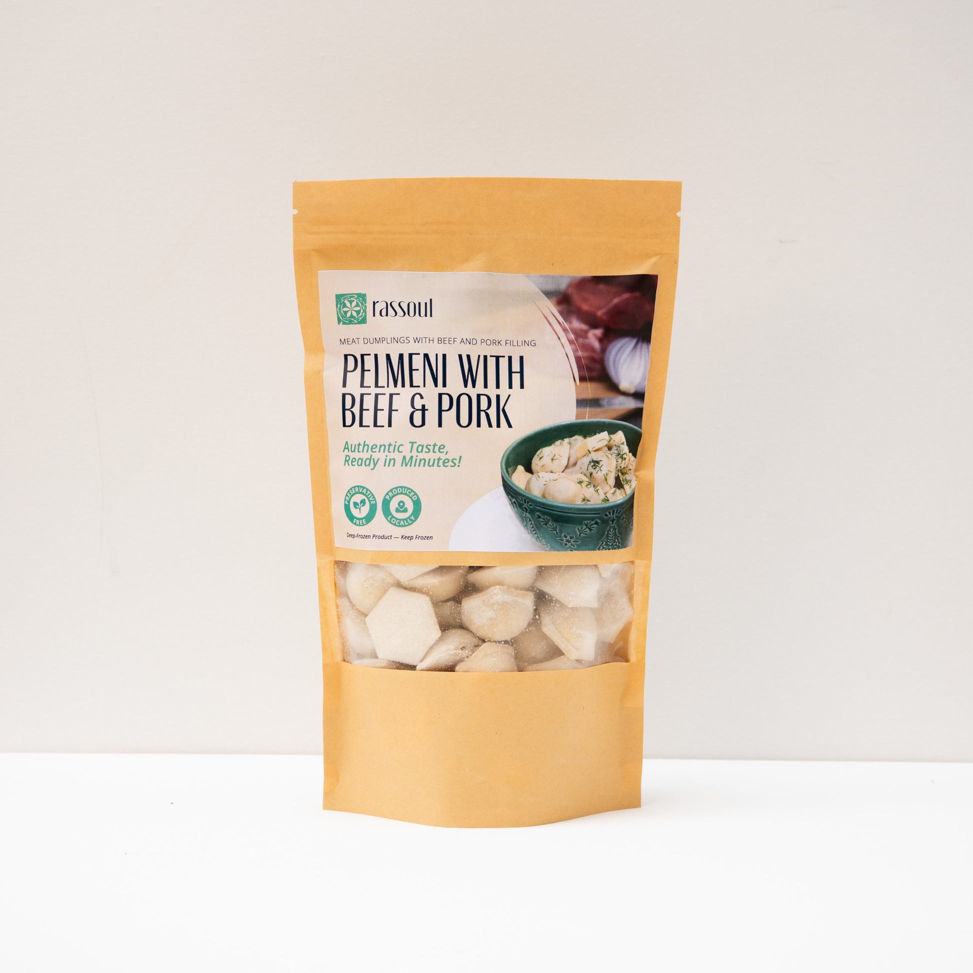 Front of Rassoul Pelmeni with Beef & Pork 750g packaging – frozen Eastern European dumplings filled with seasoned meat.