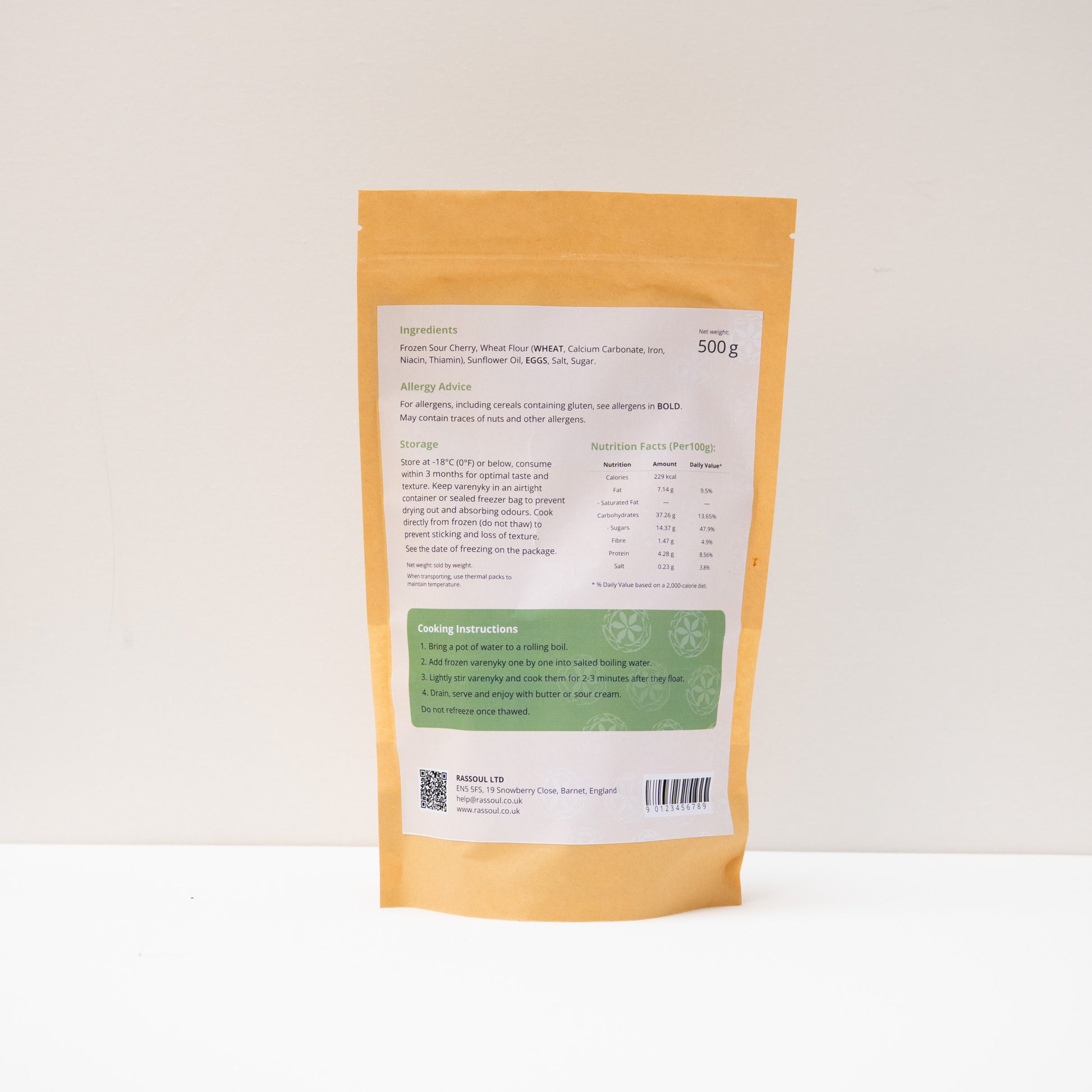 Back of Rassoul Sour Cherry Varenyky 500g packaging showing nutrition panel and cooking directions.