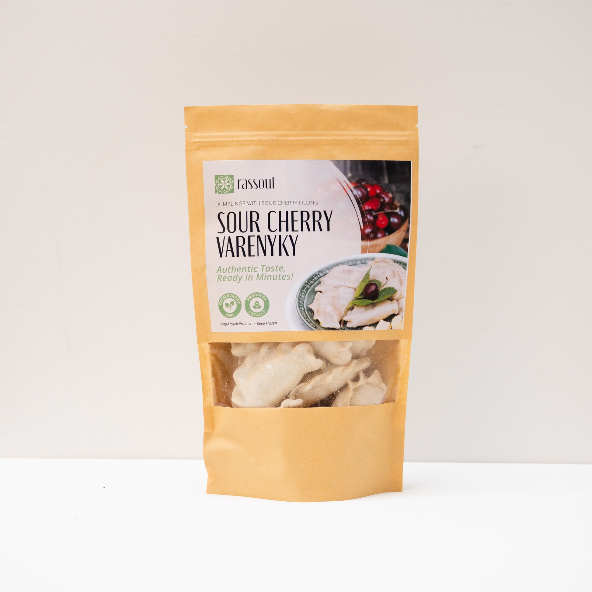 Front of Rassoul Sour Cherry Varenyky 500g packaging – frozen Eastern European dumplings filled with sour cherry.