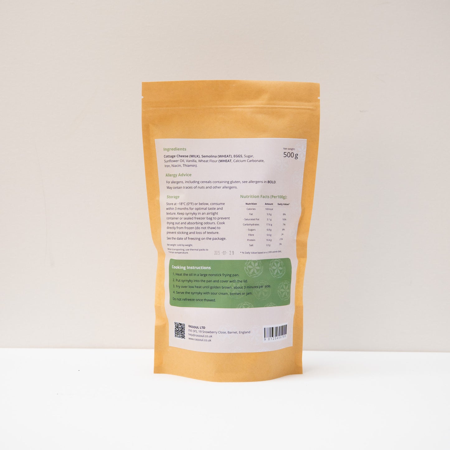 Back of Rassoul Syrnyky 500g packaging displaying ingredients list and preparation guidelines