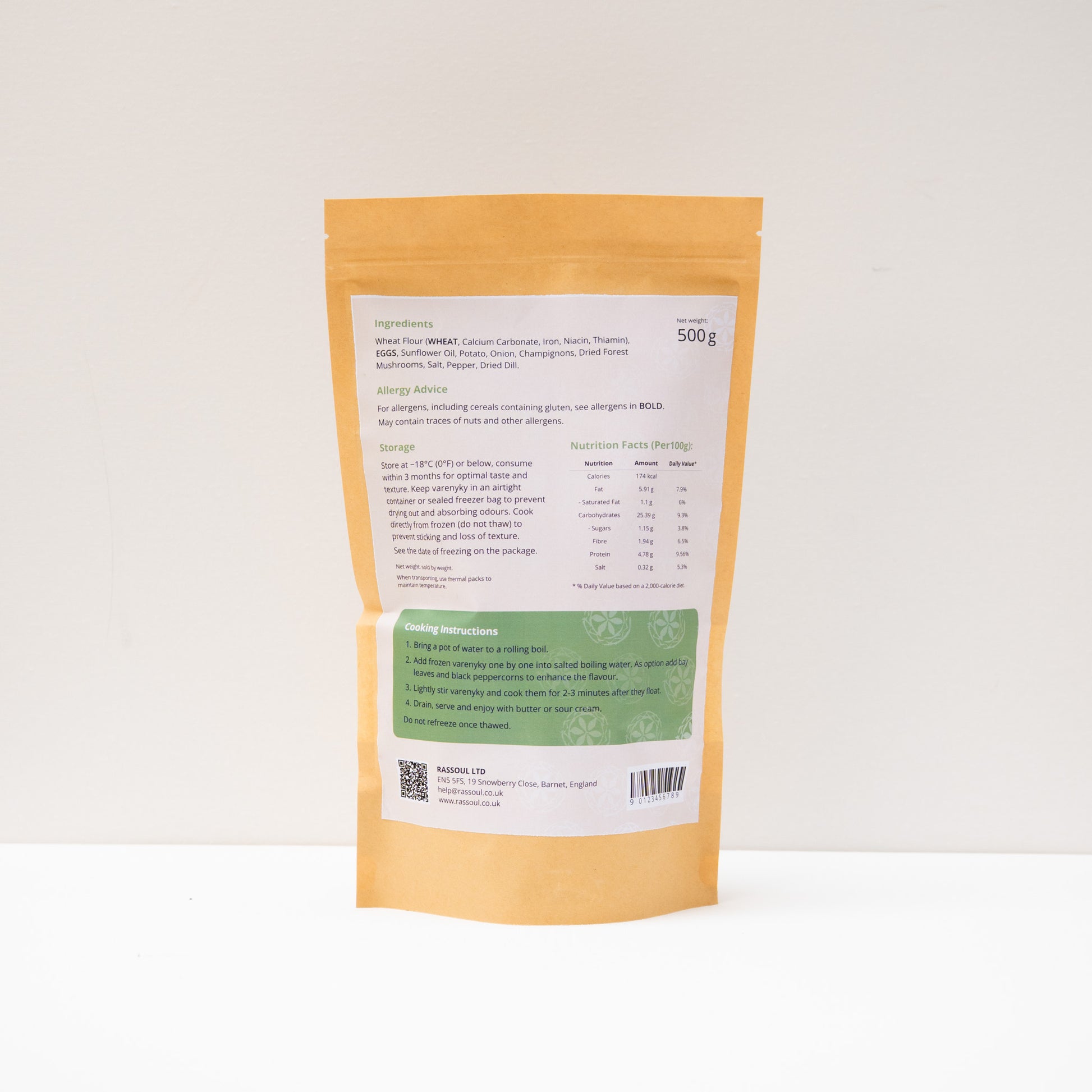 Back of Rassoul Potato & Mushroom Varenyky 500g packaging with ingredients list and cooking instructions.