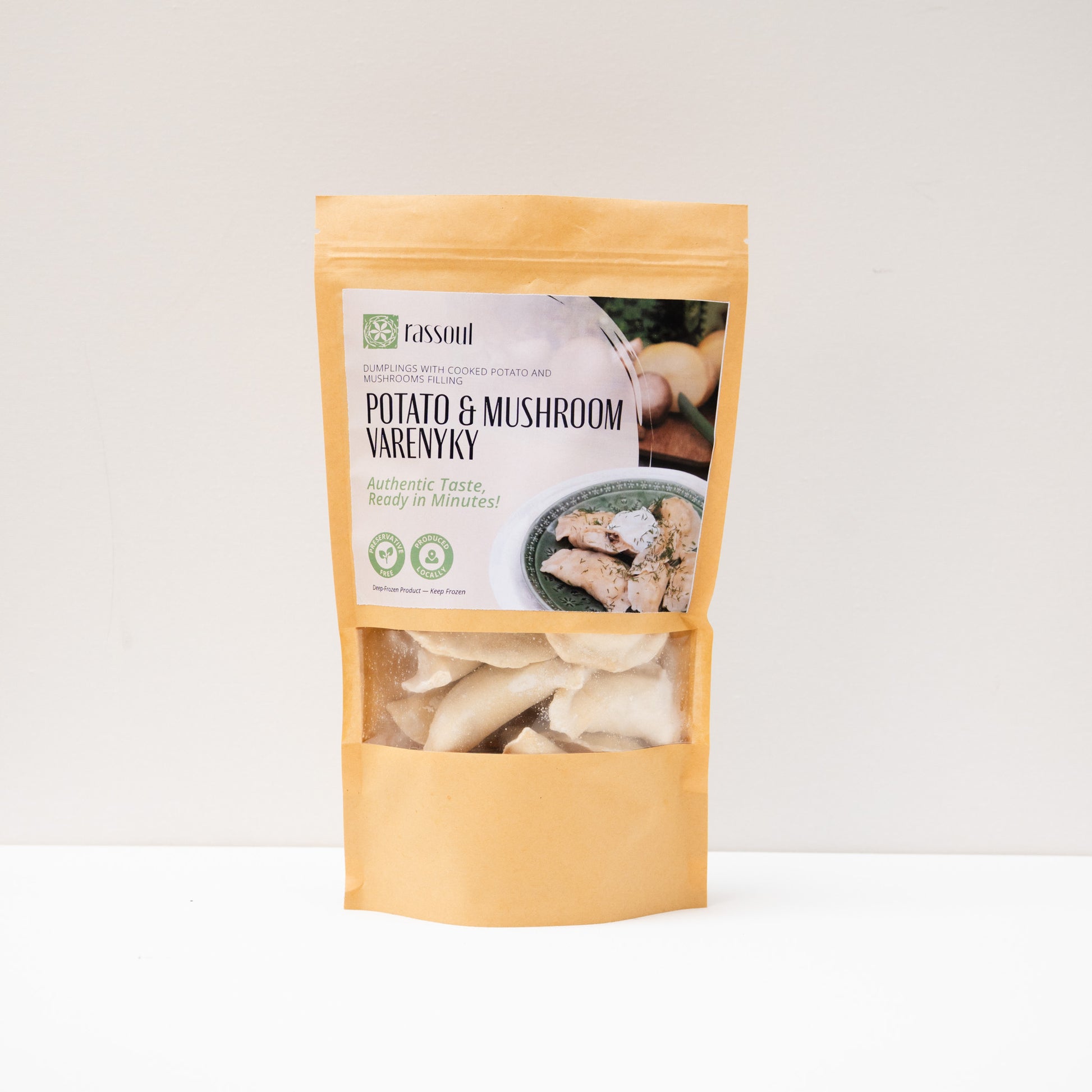Front of Rassoul Potato & Mushroom Varenyky 500g packaging – frozen Eastern European dumplings filled with potato and mushroom.
