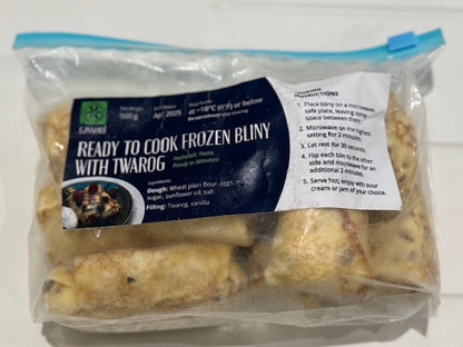 Pack of ready-to-cook frozen Blini with Twarog (sweet cheese-filled crepes) in airtight packaging with cooking instructions. Traditional East-European dessert made with soft crepes and creamy vanilla twarog filling. Order online for a quick and delicious treat.