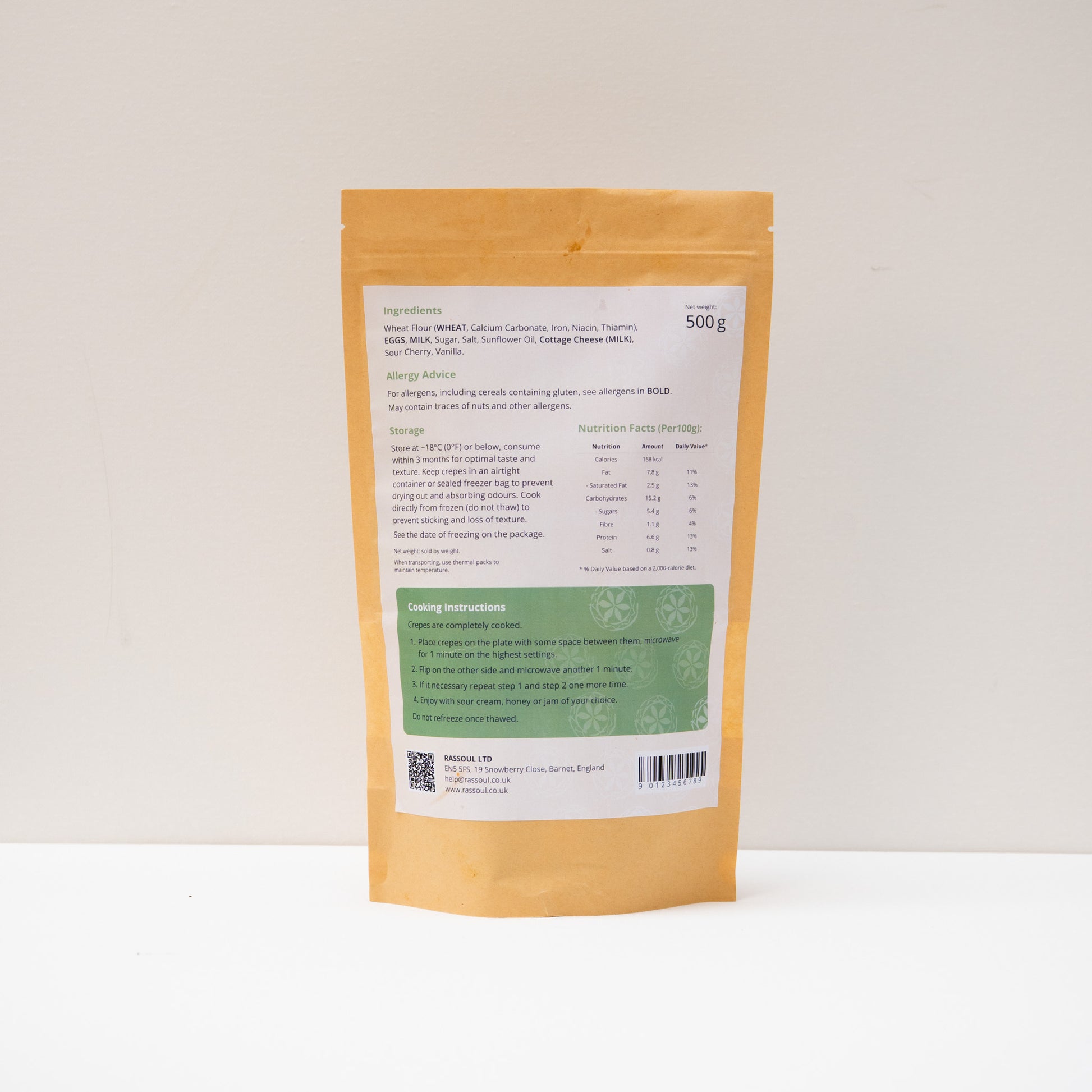 Back of Rassoul Crepes with Twarog & Cherry 500g packaging showing nutritional information and heating instructions.
