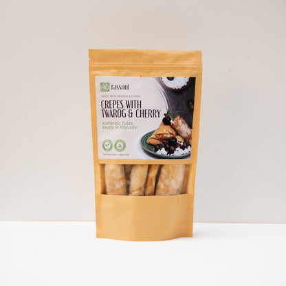 Front of Rassoul Crepes with Twarog & Cherry 500g packaging – frozen Eastern European sweet crepes filled with cheese and cherry.