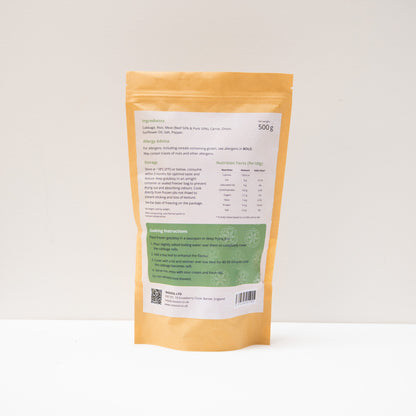 Back of Rassoul Golubtsy with Beef & Pork 500g packaging including product information and preparation steps.
