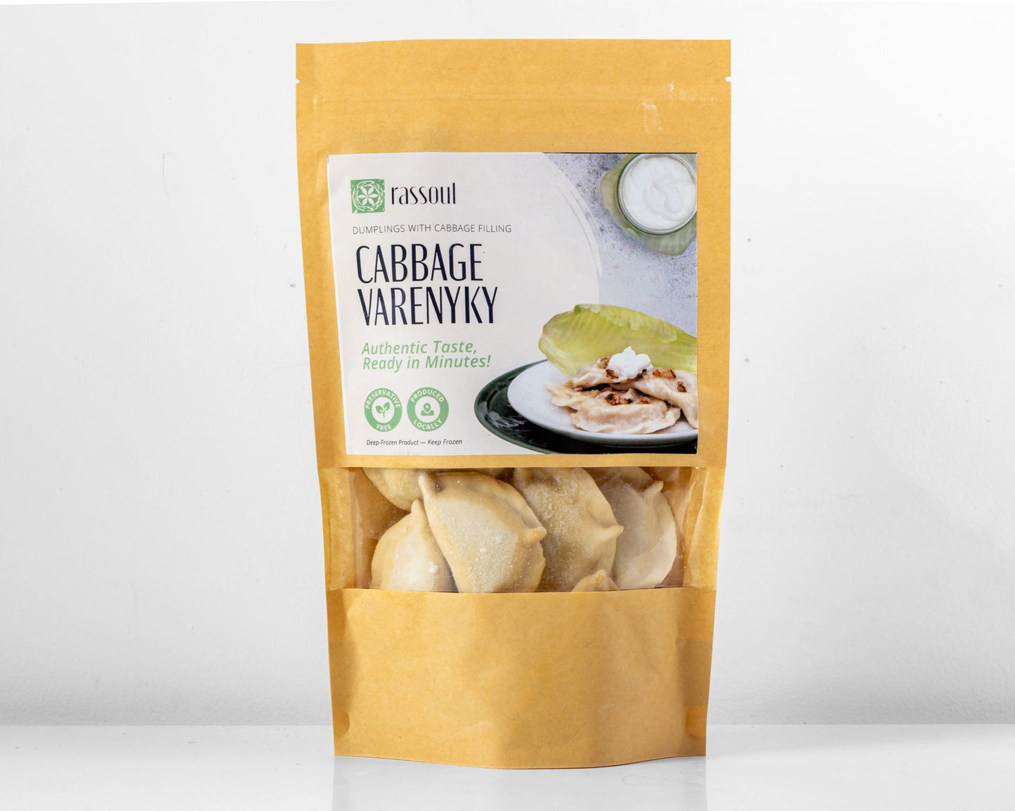 Front of Rassoul Cabbage Varenyky 500g packaging – frozen Eastern European dumplings filled with cabbage.