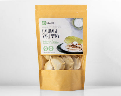 Front of Rassoul Cabbage Varenyky 500g packaging – frozen Eastern European dumplings filled with cabbage.