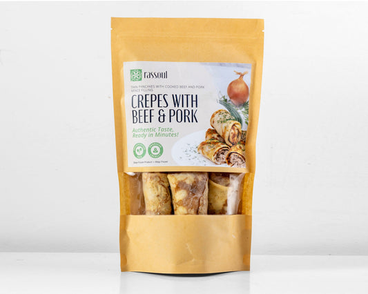 Front of Rassoul Crepes with Beef & Pork 500g packaging – frozen Eastern European crepes filled with meat.