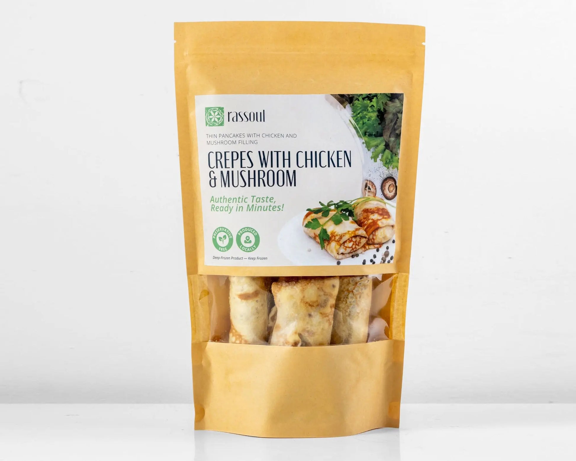 Front of Rassoul Crepes with Chicken & Mushroom 500g packaging – frozen Eastern European stuffed crepes with savory filling.