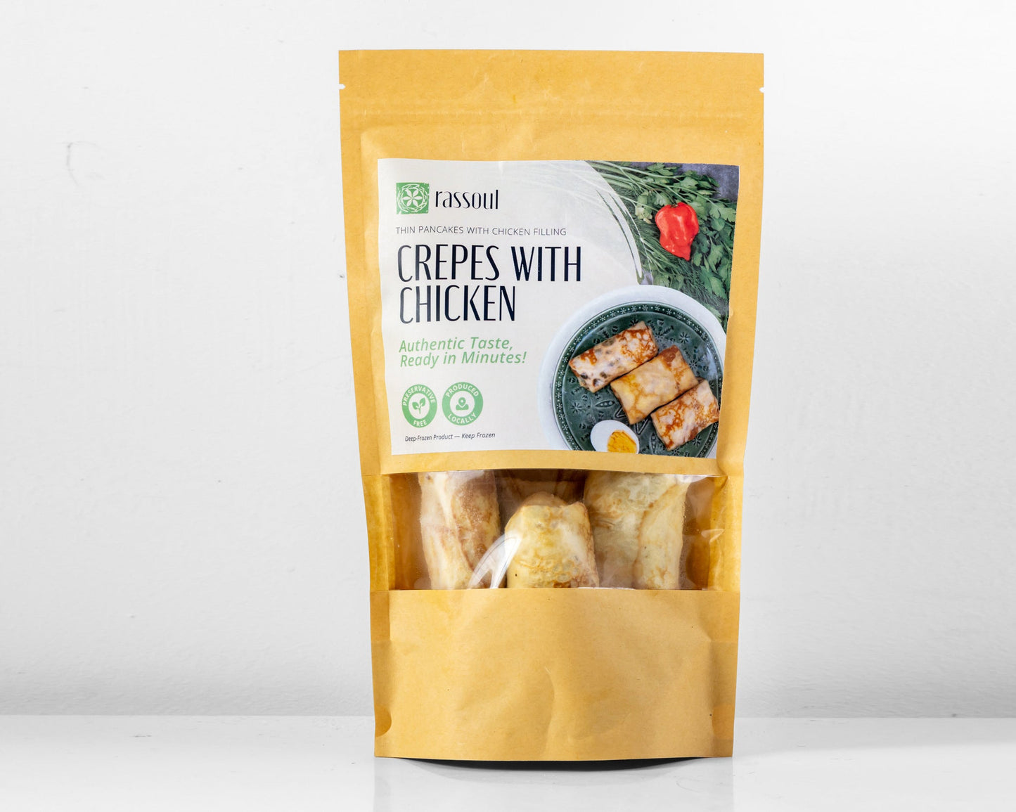 Front of Rassoul Crepes with Chicken 500g packaging – frozen Eastern European savory crepes filled with chicken.