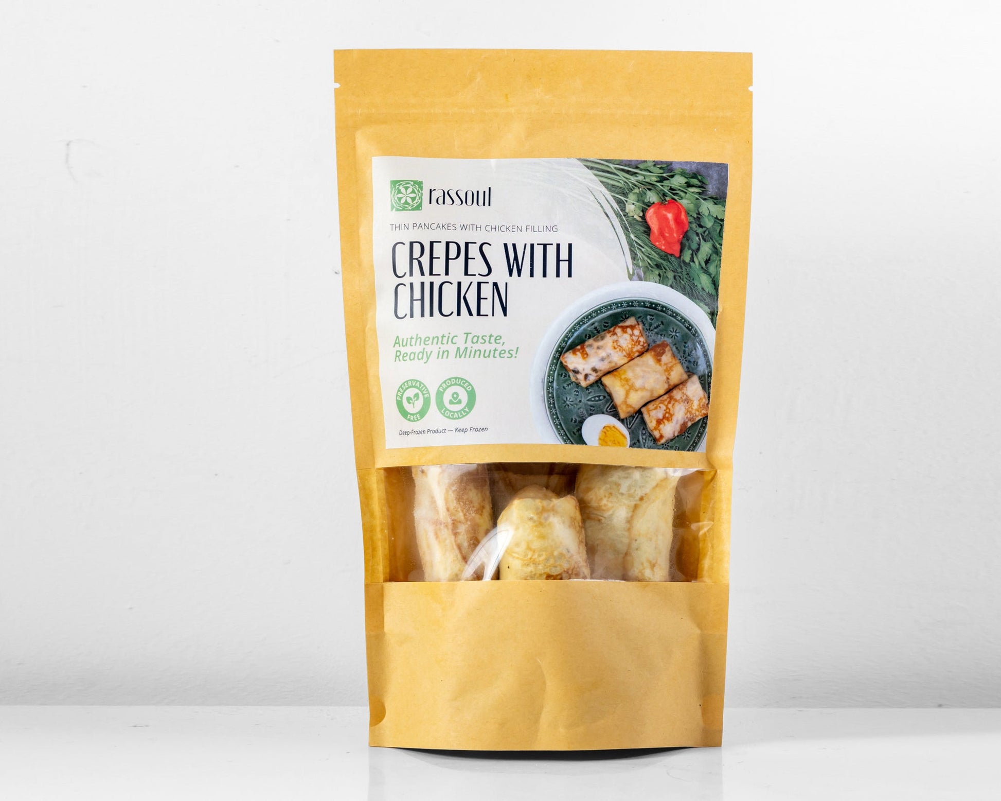 Front of Rassoul Crepes with Chicken 500g packaging – frozen Eastern European savory crepes filled with chicken.
