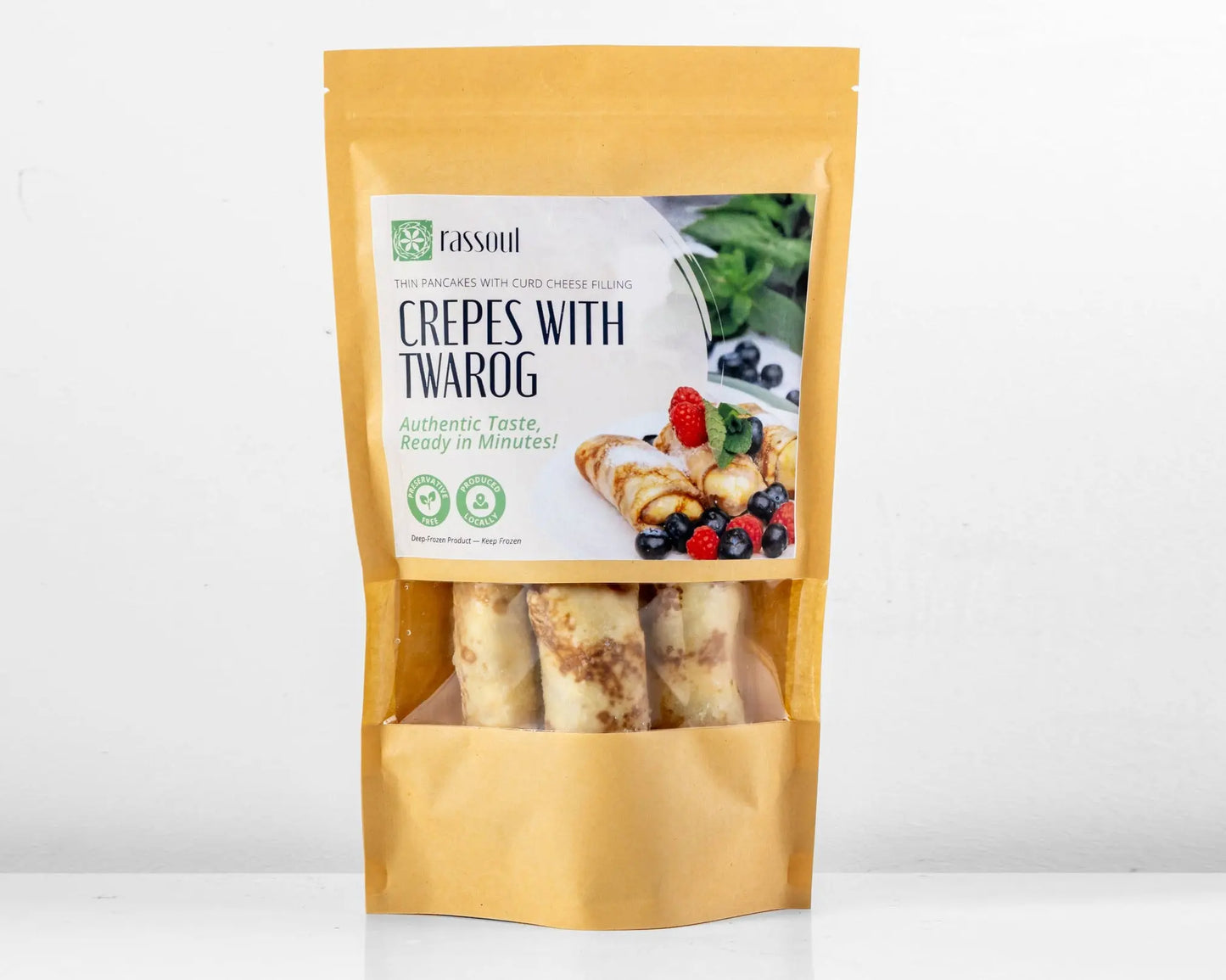 Front of Rassoul Crepes with Twarog 500g packaging – frozen Eastern European sweet crepes filled with farmer’s cheese.