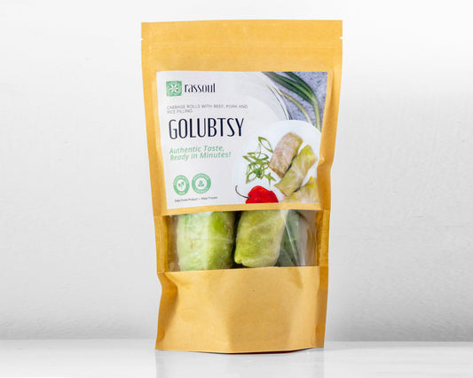 Front of Rassoul Golubtsy with Beef & Pork 500g packaging – frozen Eastern European cabbage rolls stuffed with meat and rice.