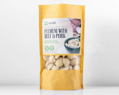 Front of Rassoul Pelmeni with Beef & Pork 750g packaging – frozen Eastern European dumplings filled with seasoned meat.
