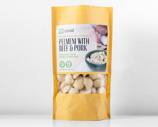 Front of Rassoul Pelmeni with Beef & Pork 750g packaging – frozen Eastern European dumplings filled with seasoned meat.