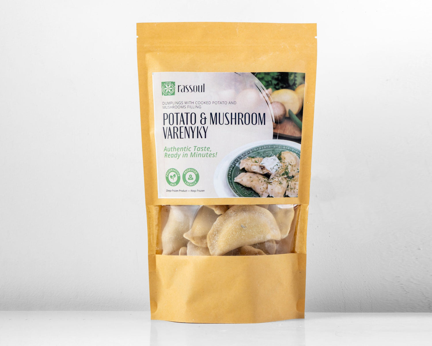 Front of Rassoul Potato & Mushroom Varenyky 500g packaging – frozen Eastern European dumplings filled with potato and mushroom.