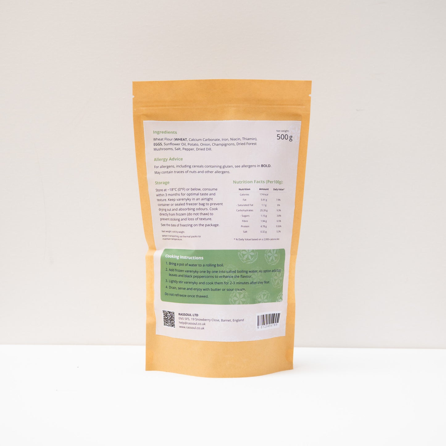 Back of Rassoul Potato & Mushroom Varenyky 500g packaging with ingredients list and cooking instructions.