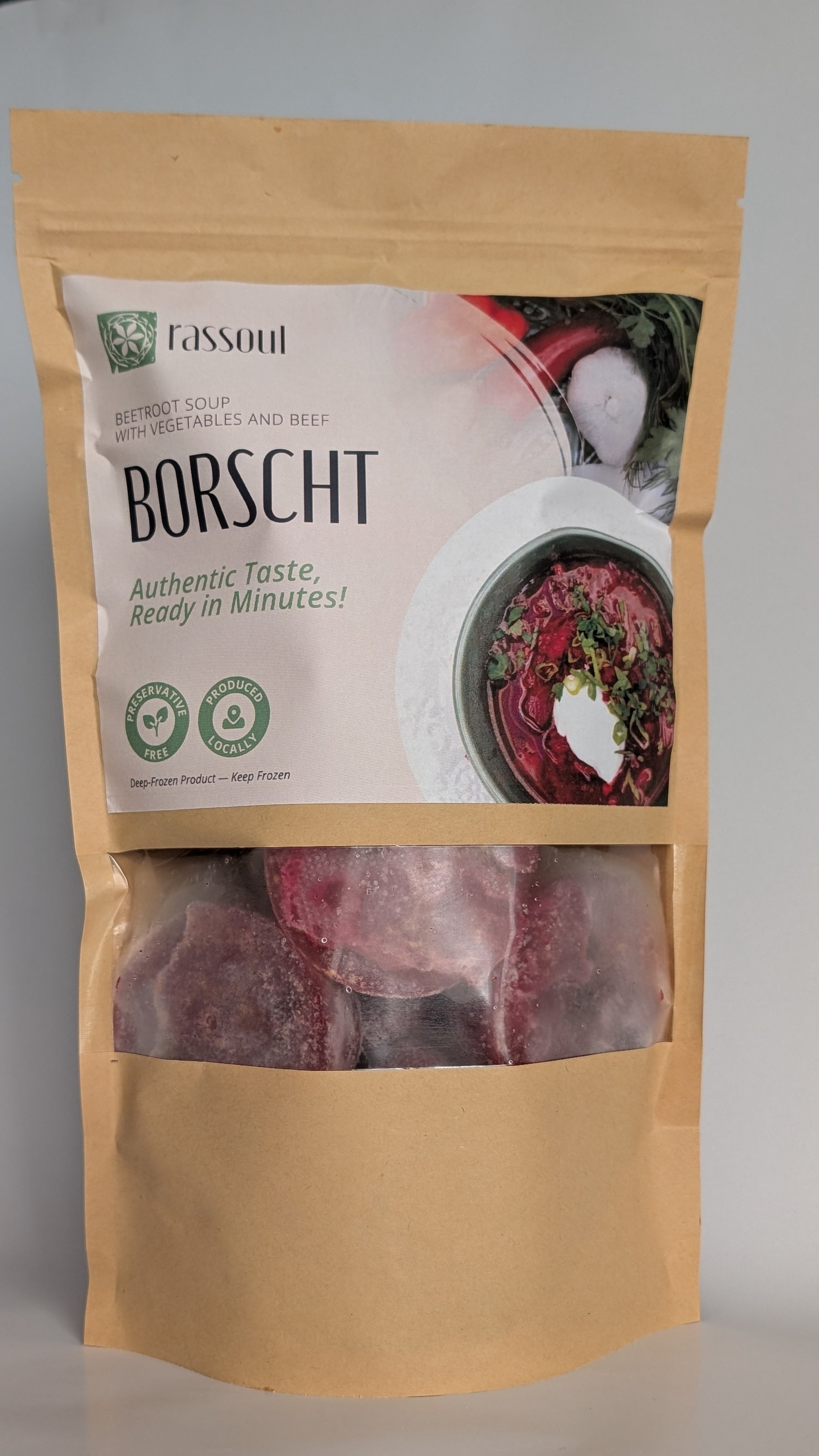 Rassoul Borscht in branded frozen packaging – beetroot soup with beef and vegetables, 750g ready meal made from fresh ingredients and locally produced