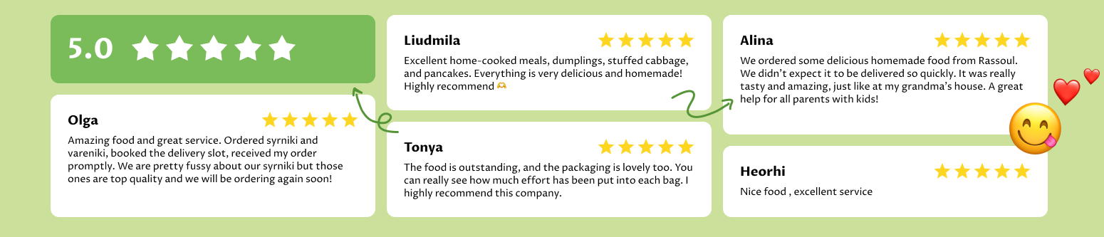Desktop mockup of Rassoul’s ‘What customers love about us’ section showing a 5.0 rating, customer review cards, and a ‘Leave a Google review’ button.